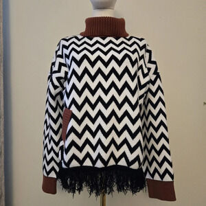 Women's Warm Black White Turtleneck Fringe Sweater size LARGE